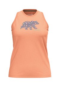 Persikofärgad tanktop med en björn grafik gjord av blommönster. Har rund nacke och är ärmlös, lämplig för aktiv sport.
