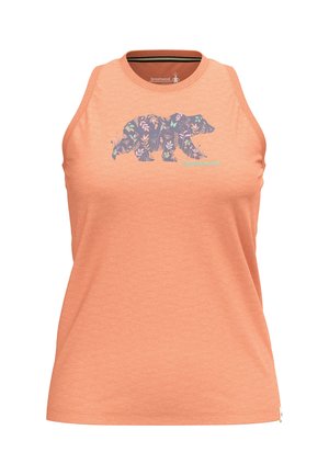 Brzoskwiniowy top na ramiączkach z grafiką niedźwiedzia wykonaną z kwiatowych wzorów. Posiada okrągły dekolt i bezrękawowy krój, idealny na aktywność fizyczną.