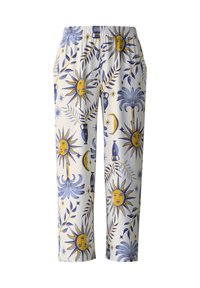 Witte stoffen broek met een blauw en geel patroon van de zon en palmbomen, voorzien van een elastische tailleband en een cropped ontwerp.