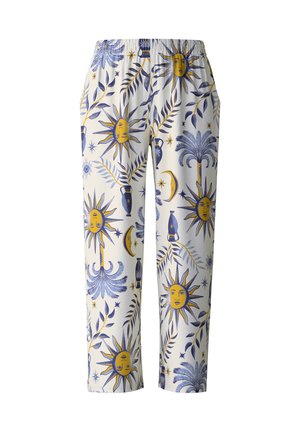Witte stoffen broek met een blauw en geel patroon van de zon en palmbomen, voorzien van een elastische tailleband en een cropped ontwerp.