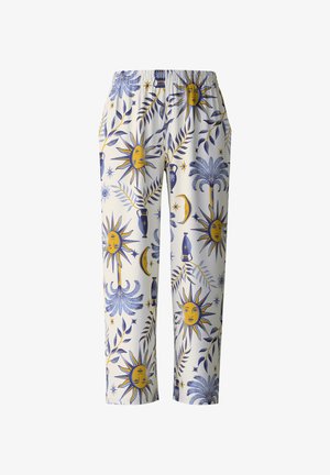 White fabric pants featuring a blue and yellow sun and palm tree pattern, with an elastic waistband and cropped leg design.
