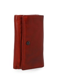 Red leather wallet with a smooth texture, folded design, and a black button closure. It features a zippered compartment along one edge.