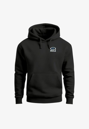 Schwarzer Hoodie mit einer Kängurutasche, Kordelzugkapuze und einem kleinen NVLS-Logo in Blau und Weiß auf der linken Brustseite. Weiche Stoffstruktur.