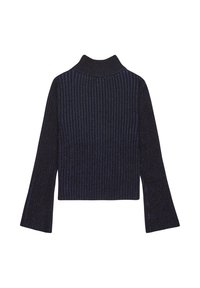 Pull noir et bleu foncé en maille côtelée à col roulé avec manches longues légèrement évasées et taille cintrée.