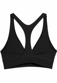 Crni sportski grudnjak s dizajnom racerback, s mrežastim detaljima i bešavnim izgledom, prikladan za sportske aktivnosti.