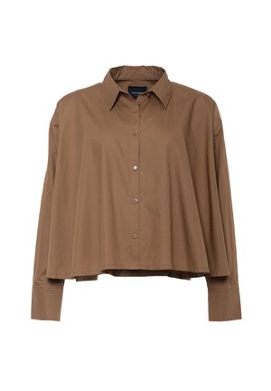 Ruskea, kevyt kauluspaita pitkillä hihoilla, napit edessä ja rento, lyhyt malli. Silkkinen rakenne, jossa on hillitty kiilto.