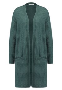 Cardigan lungo con apertura frontale in tessuto strutturato a coste. Colore verde petrolio scuro con due tasche frontali. Materiale morbido e caldo con vestibilità ampia.