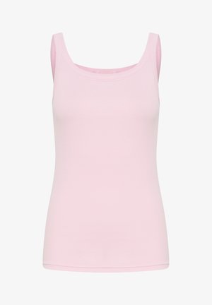 Pink cotton tank top with a fitted design, wide straps, and a scoop neckline; smooth texture and ribbed fabric detail.