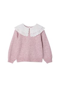 Rosa Strickpullover mit langen Ärmeln, ausgestattet mit einem weißen gewellten Kragen. Strukturierter Stoff, Knopfverschluss auf der Rückseite und gerippter Saum.