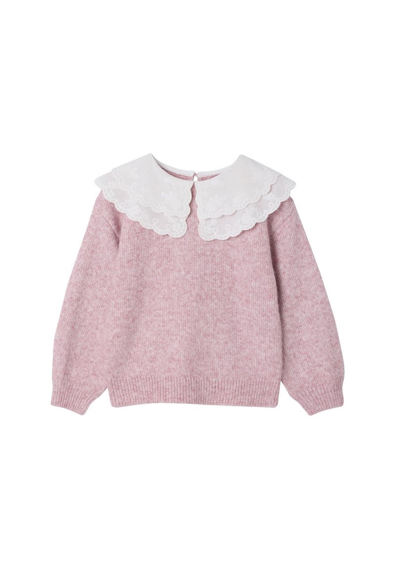 Rosa Strickpullover mit langen Ärmeln, ausgestattet mit einem weißen gewellten Kragen. Strukturierter Stoff, Knopfverschluss auf der Rückseite und gerippter Saum.