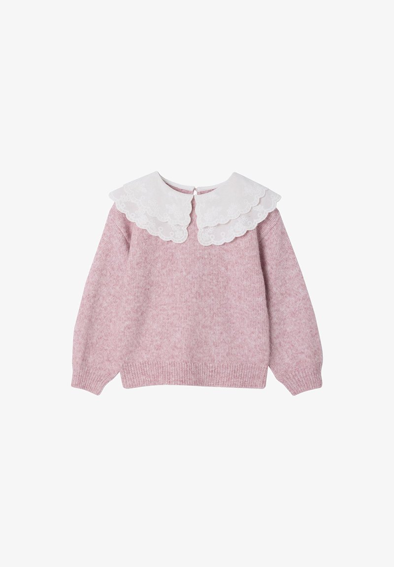 Rosa Strickpullover mit langen Ärmeln, ausgestattet mit einem weißen gewellten Kragen. Strukturierter Stoff, Knopfverschluss auf der Rückseite und gerippter Saum.