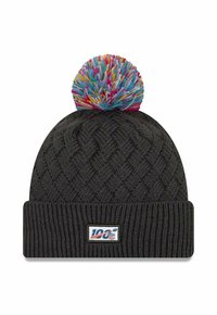 Knit beanie in dark gray with a textured pattern, features a multicolored pom-pom on top and a stitched label on the front.