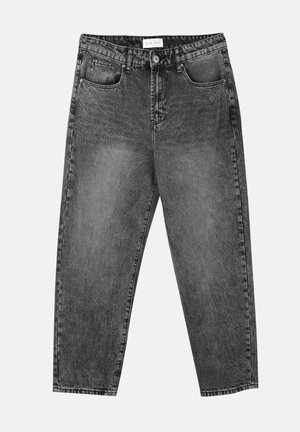 Jean straight-leg preto deslavado com bolsos frontais e traseiros, passantes para cinto e fecho de botão na cintura.