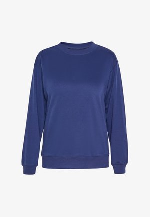 Granatowy sweatshirt z długimi rękawami, okrągłym dekoltem, fakturowanym materiałem oraz ściągaczami przy rękawach i na dole. Prosty i funkcjonalny design.