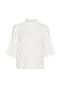 Maglione bianco a maglia con collo alto, maniche corte e vestibilità comoda. Tessuto morbido, finitura liscia e senza modelli o accessori visibili.