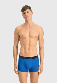 Blue cotton boxer briefs with a fitted design, featuring a black waistband with logo detailing. Smooth texture, mid-thigh length.