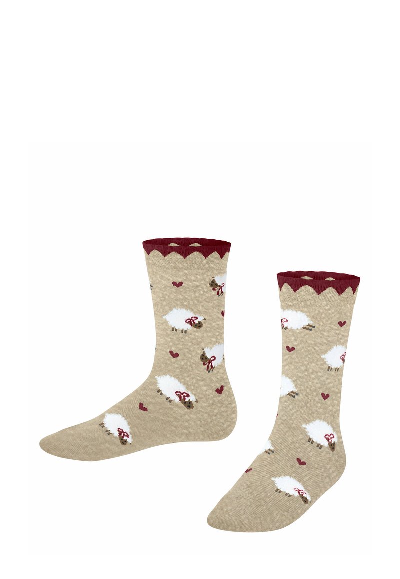 Skarpetki do kolan w beżowym splocie z białymi owcami i czerwonymi sercami, zakończone bordową falbaną. Miękki materiał o przytulnej fakturze.