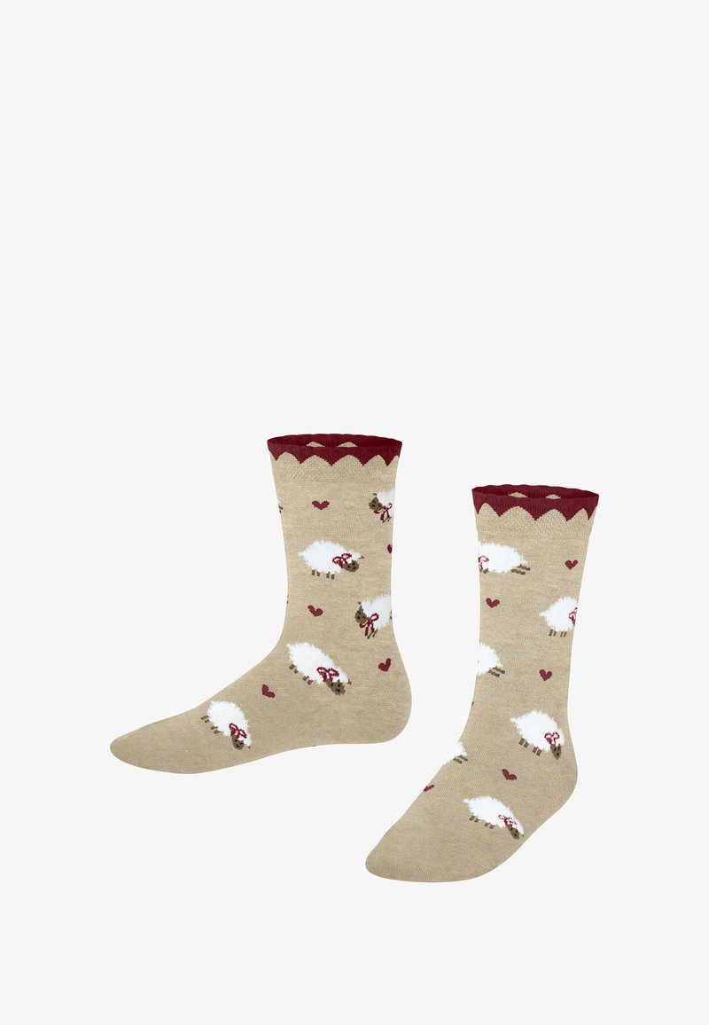 Skarpetki do kolan w beżowym splocie z białymi owcami i czerwonymi sercami, zakończone bordową falbaną. Miękki materiał o przytulnej fakturze.