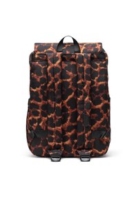 Mochila de estampado de leopardo negro y marrón con diseño de parte superior enrollable, correas ajustables y clips. Fabricada con un tejido duradero y de textura suave.