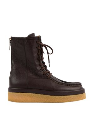 Dark brown leather high-top boot with front laces and a thick light brown crepe sole on a white background.