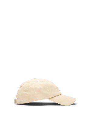 Beige bomulls baseballcap med buet brem og justerbar rem, side-logo broderi, vist mot hvit bakgrunn.