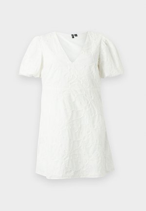 Witte jurk met korte mouwen, V-hals en bloemrijke geborduurde structuur, voorzien van pofmouwen en een getailleerde taille.