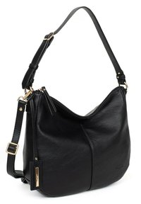 Borsa a spalla in pelle nera con forma curva, finitura testurizzata, dettagli in metallo dorato e tracolla regolabile con tasca laterale con zip.