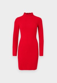 Rdeča pletena obleka z žametanjem, z ovratnikom, prilegajočimi dolgimi rokavi in dolžino do sredine stegen. Teksturirana tkanina z oprijetim silhuetom.