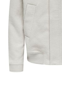 Light grey fleece jacket featuring a ribbed hem, side pocket, and smooth textured fabric with a minimalist design.