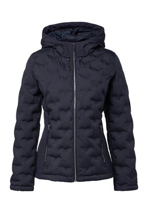 Marineblaue gesteppte Jacke mit Frontreißverschluss, zwei Reißverschlusstaschen und verstellbarer Kapuze, speziell für kaltes Wetter entworfen.