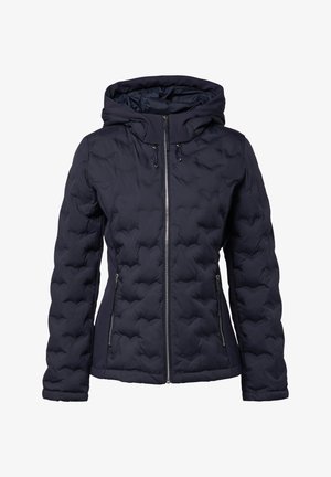 Marineblaue gesteppte Jacke mit Frontreißverschluss, zwei Reißverschlusstaschen und verstellbarer Kapuze, speziell für kaltes Wetter entworfen.