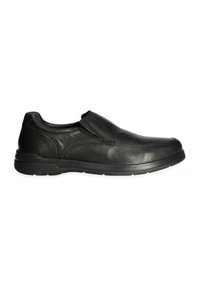 Scarpa slip-on in pelle nera con superficie testurizzata, punta arrotondata e dettagli elastici sui lati. Presenta una suola imbottita per comfort e supporto.