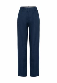 Námořnické modré kalhoty s rovnýcm střihem, vyrobené z hladké tkaniny. Mají plochý přední díl, poutka na opasek a zakončení v délce po kotníky.