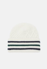 Wollen beanie in het wit met een textuurpatroon aan de bovenkant. De omgeslagen band heeft horizontale strepen in marineblauw, groen en gebroken wit.