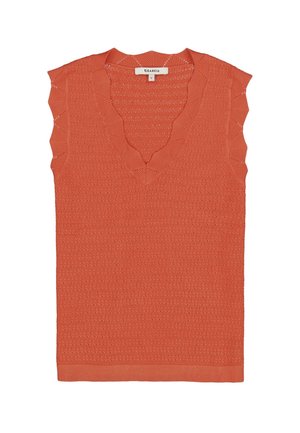 Mouwloos oranje top met een getextureerd gebreid ontwerp, voorzien van een V-hals en geirregulariseerde randen. Geribbelde zoom aan de onderkant.