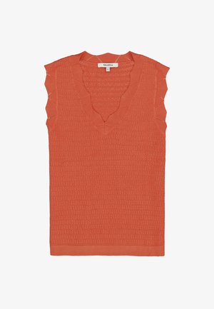 Haut sans manches orange avec un design en tricot texturé, doté d'un décolleté en V et de bords festonnés. Ourlet côtelé en bas.