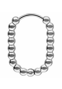 Silberner Metallarmband mit einer Reihe von abgerundeten, polierten Perlen, die durch einen gebogenen Verschluss verbunden sind und ein glattes, einheitliches Design schaffen.