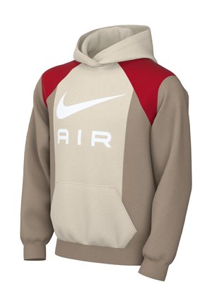 Sweat à capuche beige et taupe avec des panneaux rouges aux épaules, une poche kangourou à l'avant et le logo Nike swoosh blanc au-dessus du texte "AIR".