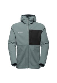 Mammut Fleecejacke, hellblau-grau, durchgehender Reißverschluss, hoher Kragen, schwarze Brusttasche, weiche Textur, konturierte Nähte, elastische Bündchen.