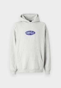 Szara bluza z kapturem z przednią kieszenią i fioletowym wyszywanym logo w kształcie owalu. Posiada ściągacze na mankietach i u dołu.