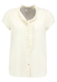 Kortærmet button-up skjorte i lys gul med hvide striber. Har en flæsekrave og tekstureret stof. Knapper ned foran.