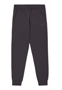 Dunkelgraue Jogginghose aus weichem Stoff, mit einem elastischen Bund und Kordelzug, gerippten Bündchen und seitlichen Taschen.