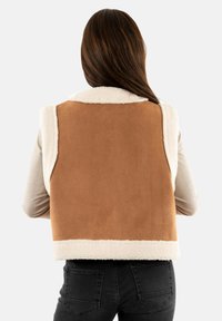 Giacca senza maniche in finta pelle scamosciata marrone con colletto e rifiniture in shearling bianco. Presenta un design cropped con una texture liscia. Vista posteriore senza chiusure.