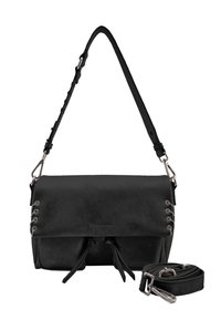 Sac bandoulière en cuir noir avec rabat repliable, lacets décoratifs, sangle ajustable et accents de quincaillerie argentée. Texture lisse.