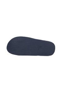 Schoenzool, donkerblauw rubber met een zigzagprofiel, ronde neus, gladde randen en een vlakke basisontwerp.