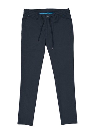 Marineblaue Freizeithose mit Kordelzug in der Taille, Gürtelschlaufen, vorderem Knopf und schrägen Seitentaschen, flach liegend.