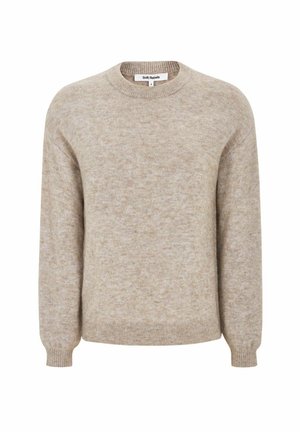 Beež salliga kootud sviiter, millel on ümar kaelus, soonikkoes mansetid ja äär. Pehme tekstuur nõrga mustriga, valmistatud mugavast materjalist.