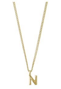 Collana in oro con un pendente a forma di lettera "N" maiuscola, decorato con texture. La catena ha un design a maglia classica, adatta per un abbigliamento casual.