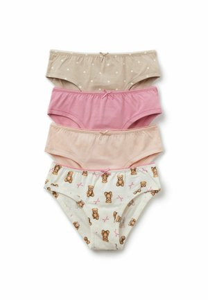 Vier Paar Mädchen-Baumwollunterwäsche in Beige mit weißen Herzen, einfarbig rosa, einfarbig hellrosa und weiß mit Teddybär-Aufdruck.