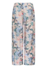 Pantalon large à taille élastiquée avec un motif floral et feuillu pastel dans des tons bleus, verts, roses et blancs.